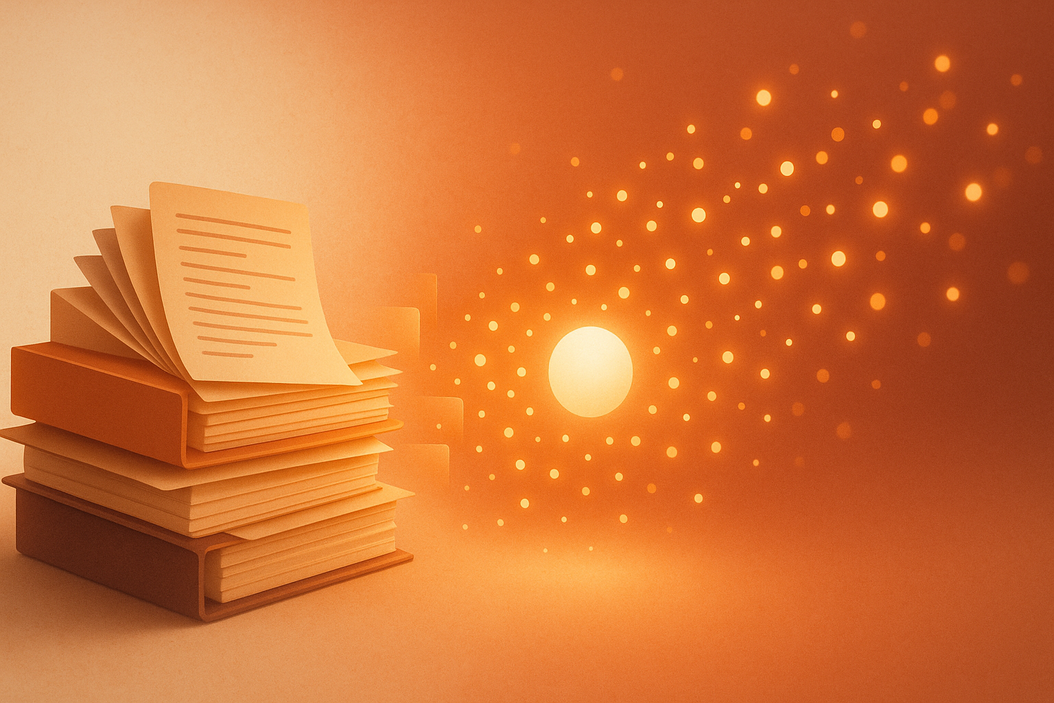Documents papier se transformant en flux lumineux convergeant vers un assistant IA