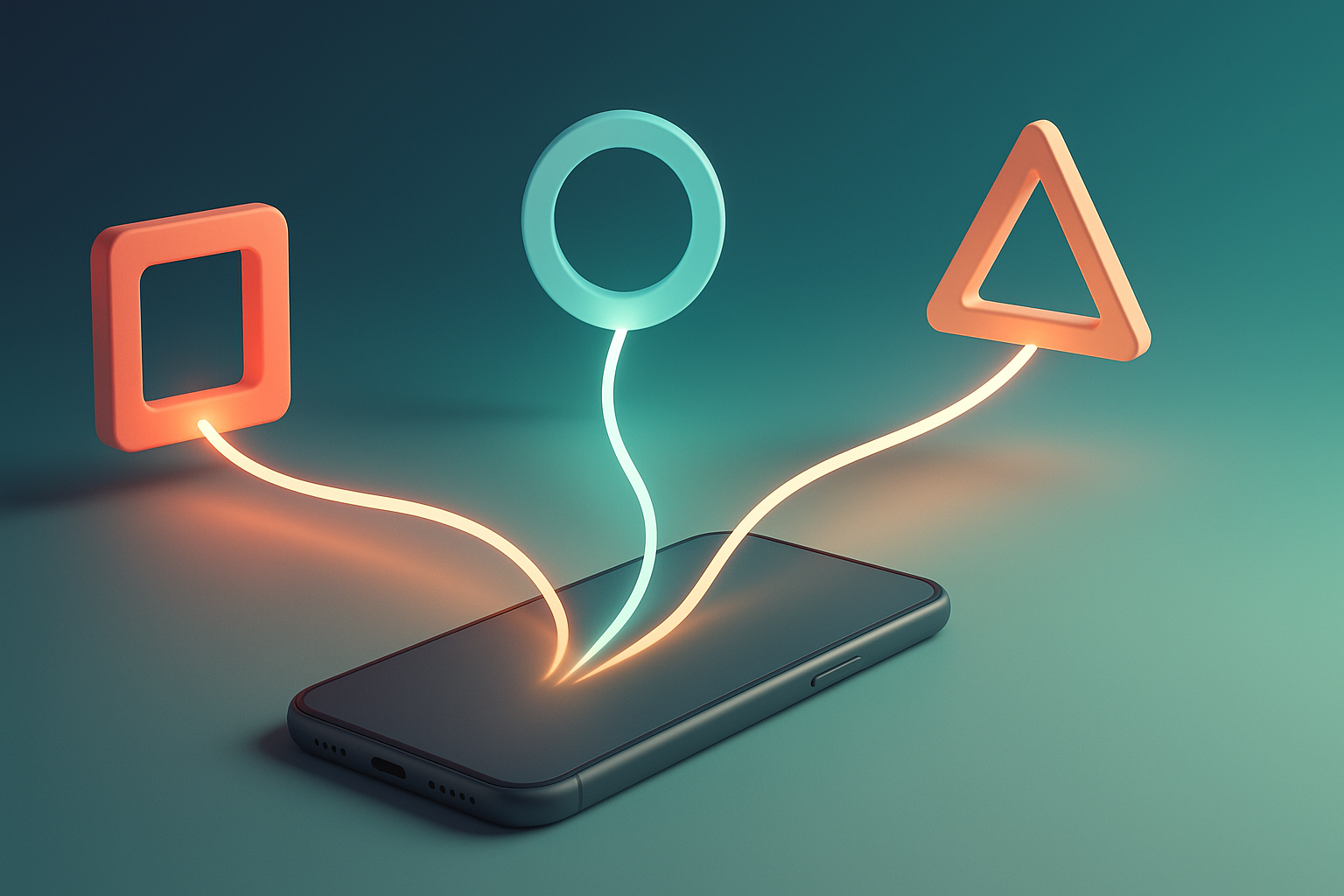 Smartphone professionnel reli&eacute; &agrave; trois portails lumineux symbolisant les canaux de distribution d'une application mobile d'entreprise