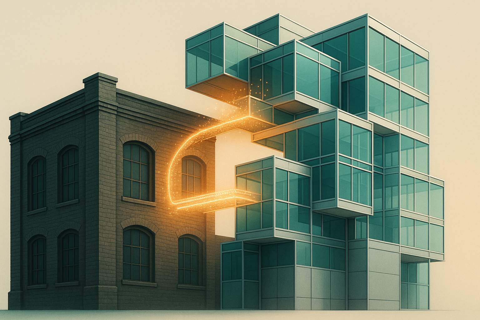 Batiment ancien remplace progressivement par une structure moderne, illustrant la modernisation par etapes d'une application metier