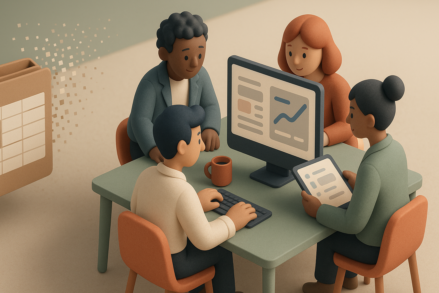 Illustration d'une &eacute;quipe adoptant une nouvelle application m&eacute;tier tandis qu'un ancien tableur s'efface