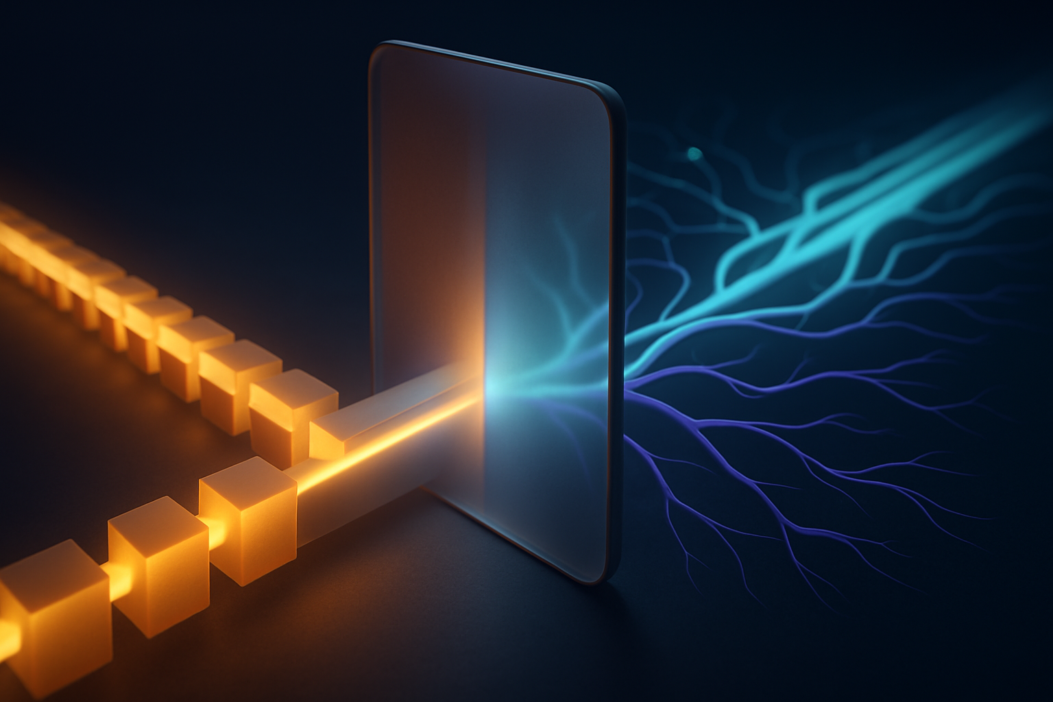 Deux flux lumineux, l'un rectiligne et l'autre ramifi&eacute;, se rejoignant devant une membrane de filtrage centrale