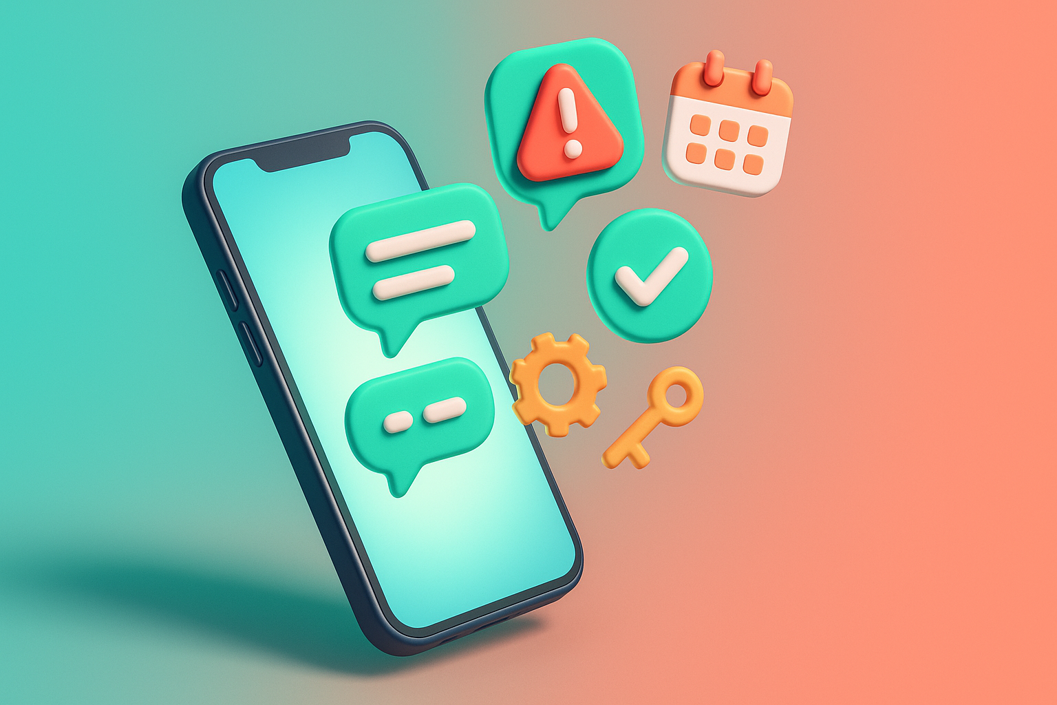 Smartphone d'entreprise entoure de bulles de notification sur fond clair et colore