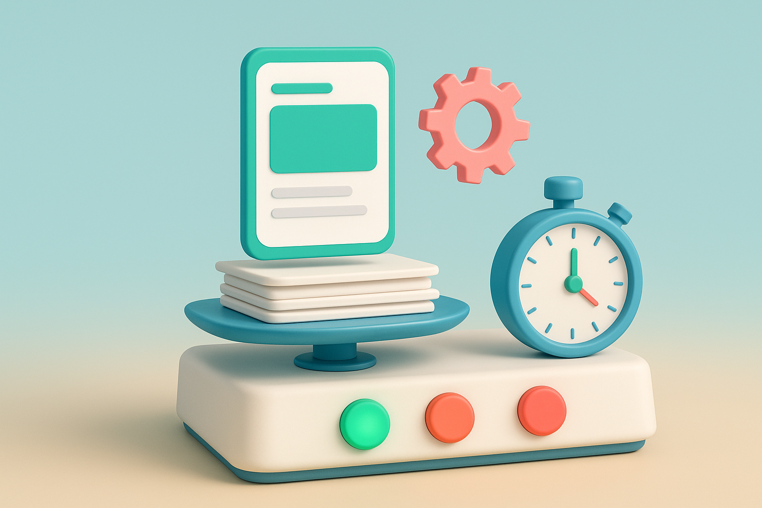 Banc d'essai illustre avec une maquette d'application, un chronometre et des voyants vert et rouge symbolisant la decision d'un POC informatique