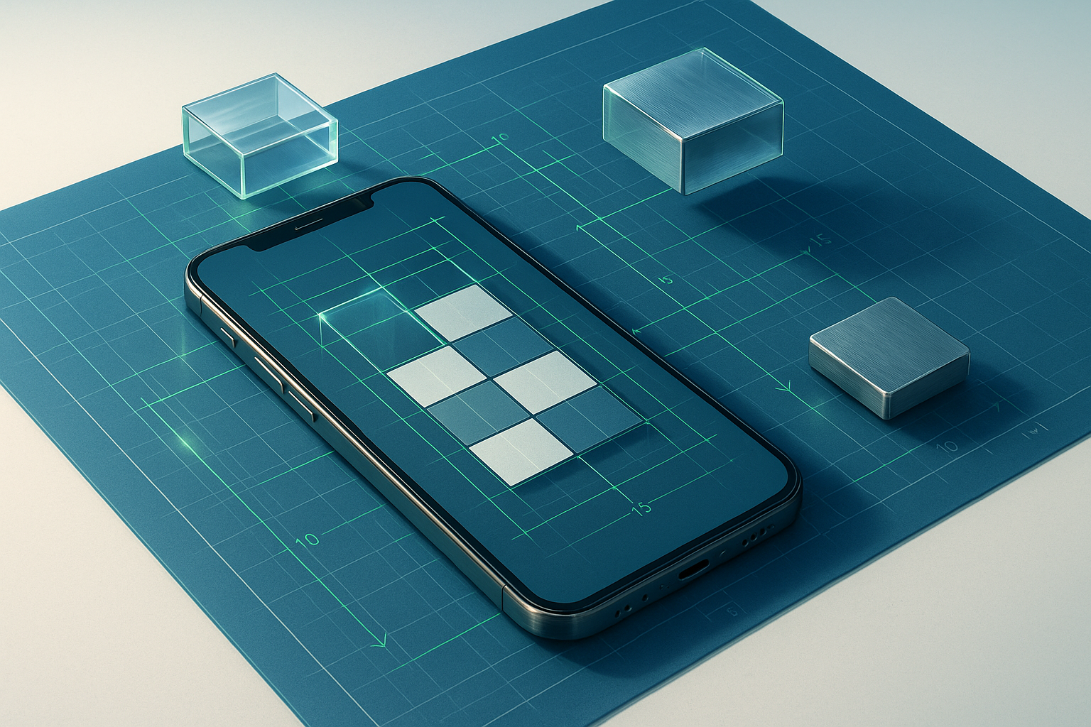 Plan technique lumineux et smartphone affichant une grille de blocs reli&eacute;s par des lignes de construction