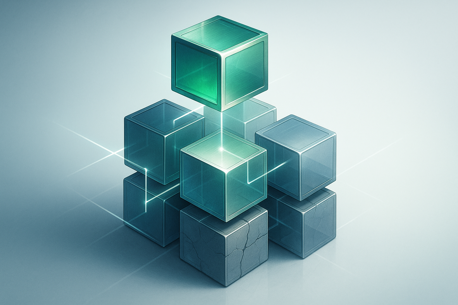 Pile de modules logiciels en verre et m&eacute;tal reli&eacute;s par des liens lumineux, symbolisant les d&eacute;pendances d'une application m&eacute;tier