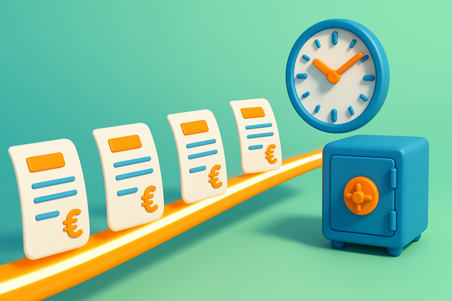 Factures stylisees glissant vers une horloge et un coffre-fort, illustration des relances clients automatisees
