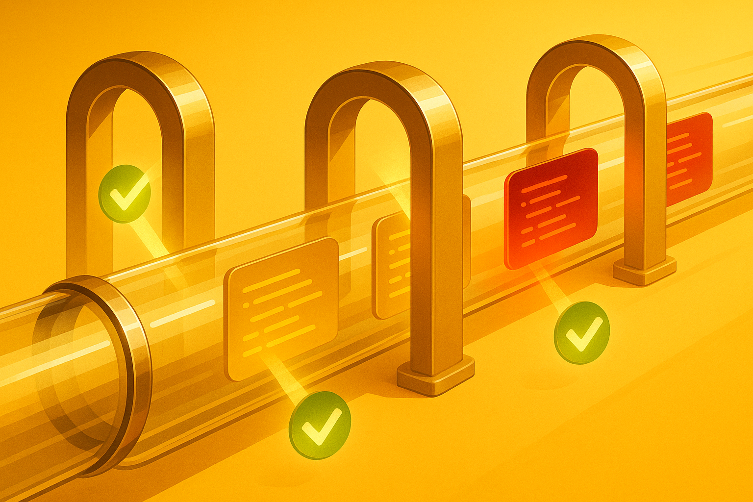 Pipeline logiciel lumineux traversé par des modules de code contrôlés par des arches de validation, dans des tons jaune doré et rouge cerise