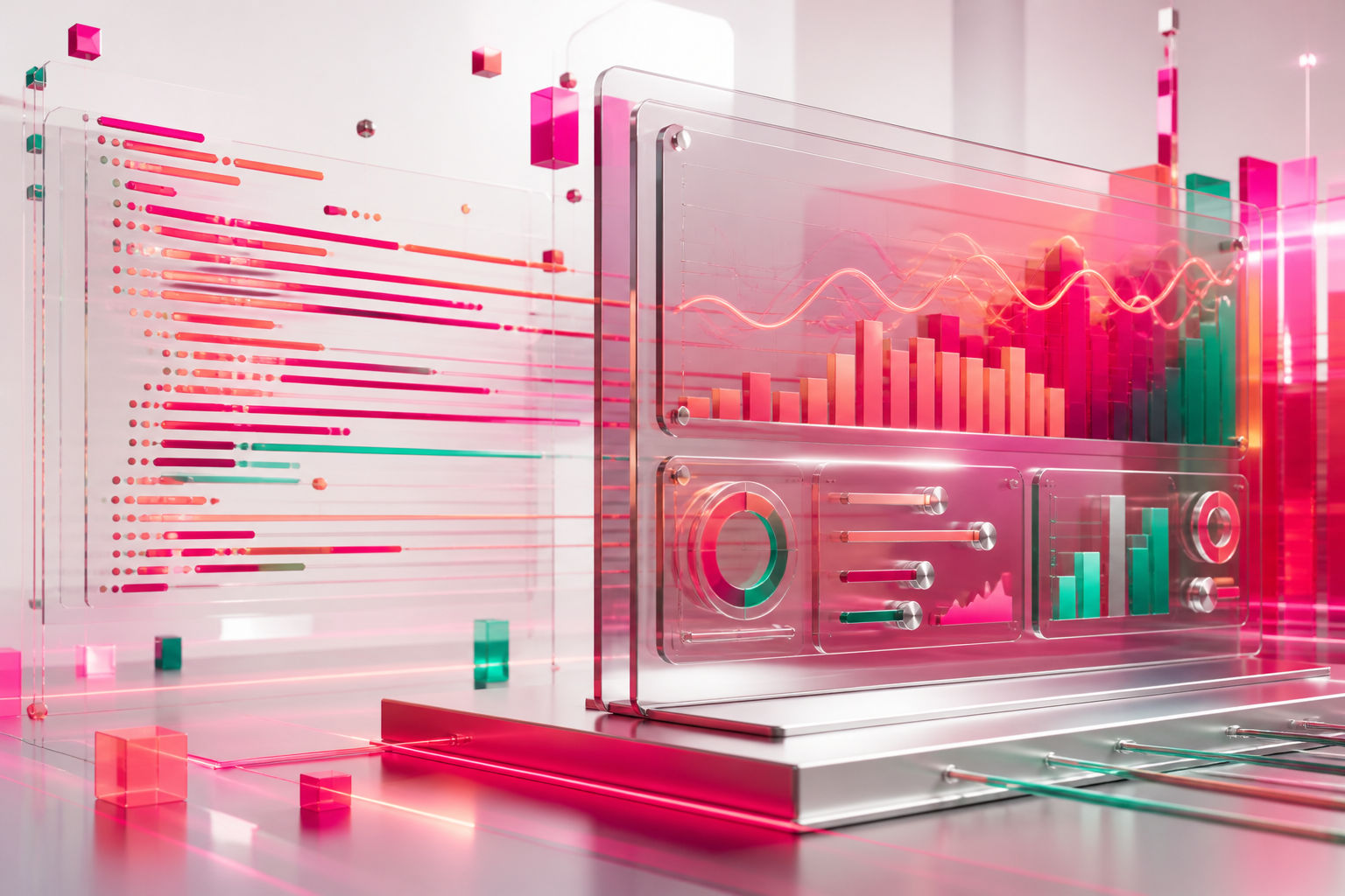 Script de code se transformant en tableau de bord interactif lumineux à dominante rose fuchsia et corail