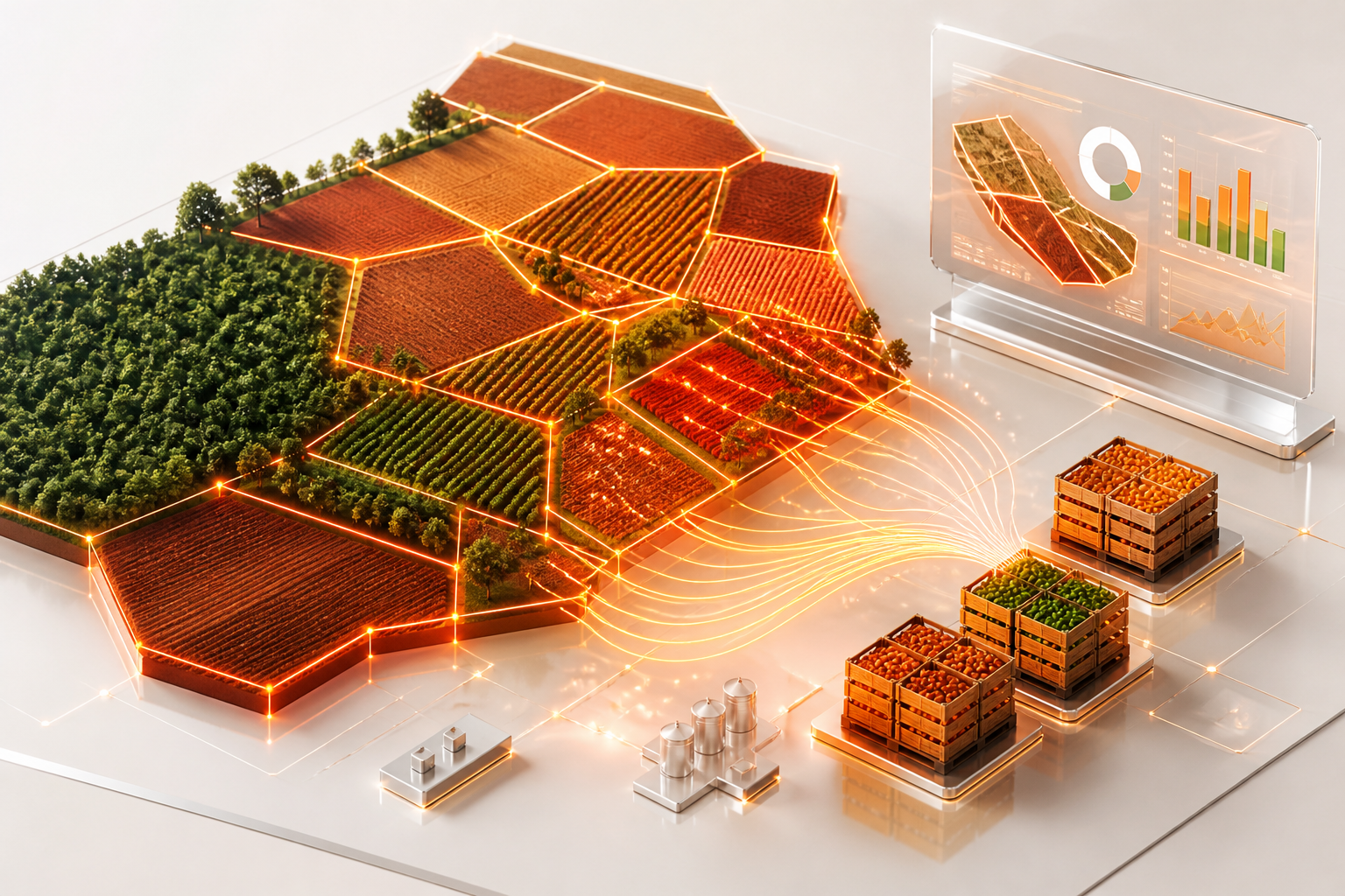 Parcelles agricoles en polygones lumineux reliées à des lots de marchandises et à un tableau de bord, symbole de la traçabilité EUDR