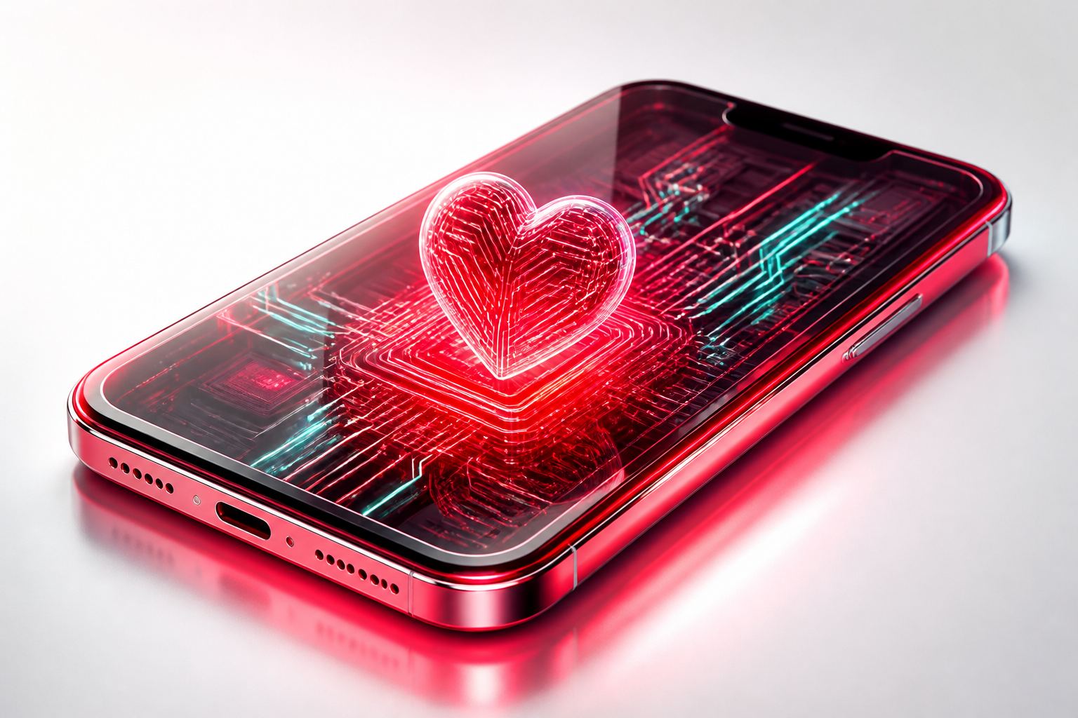 Smartphone en verre intégrant un processeur lumineux, symbole d'une IA embarquée qui traite les données sur l'appareil
