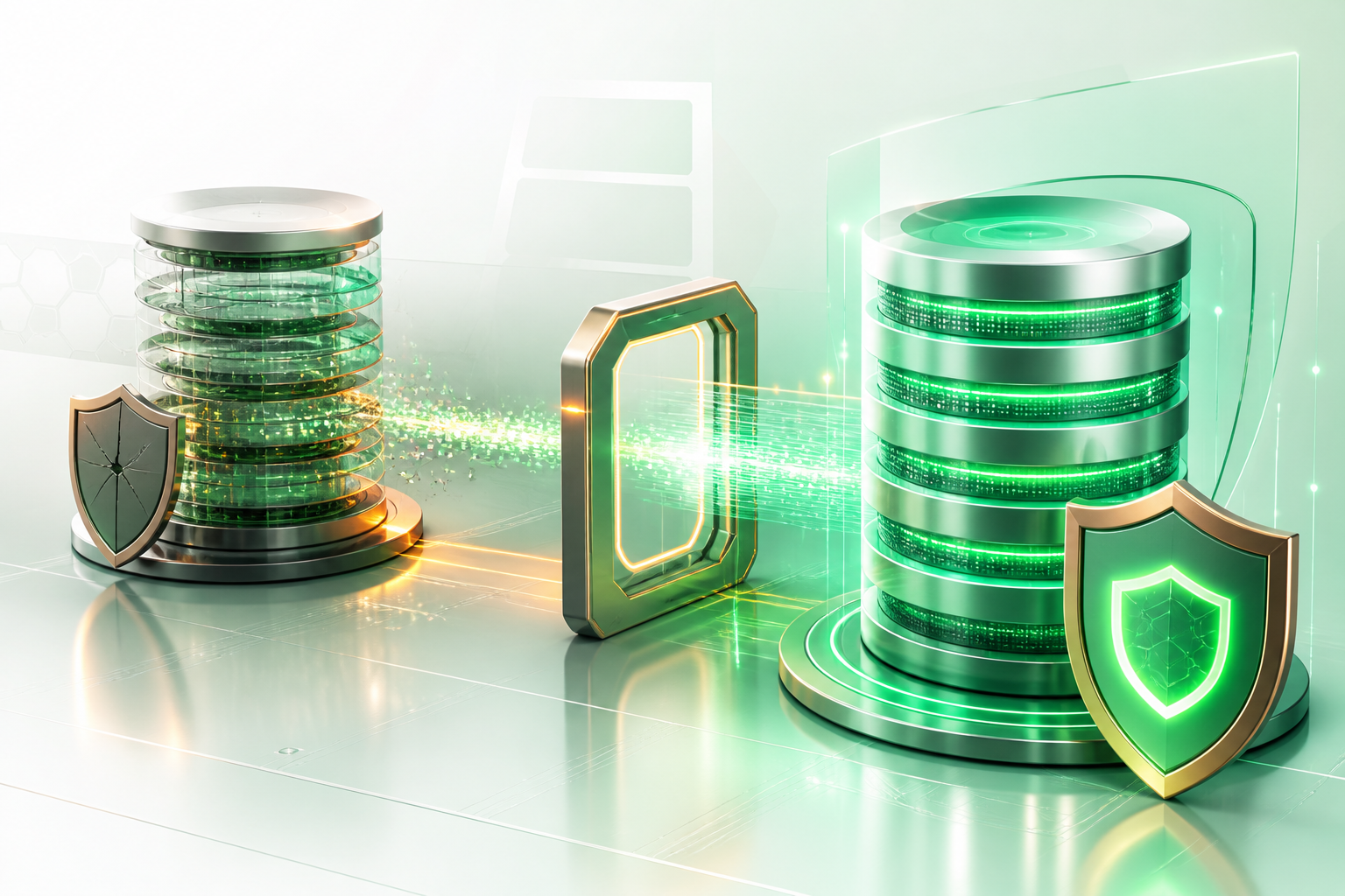 Migration d'un ancien serveur de base de données SQL Server vers un serveur moderne sécurisé, dominante vert émeraude